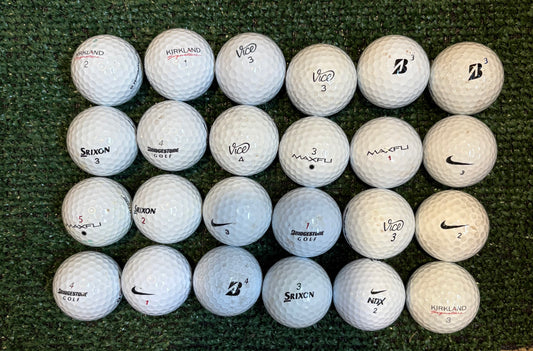 24 Kirkland, Vice, Bridgestone, Nike, Maxfli, Srixon golf balls assorted